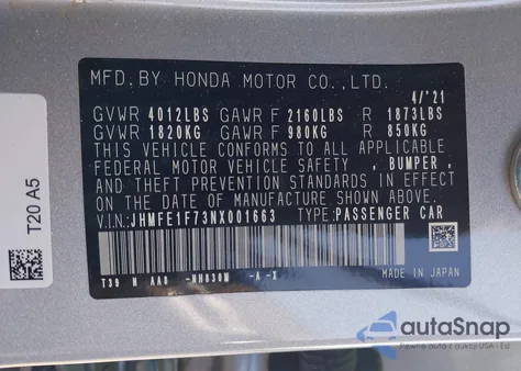 2022 Honda Civic Ex из США, поврежденный, VIN JHMFE1F73NX001663